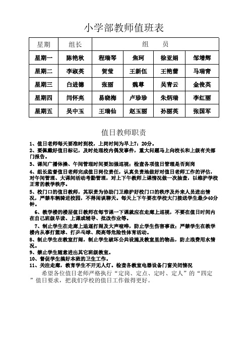 小学部教师值日表