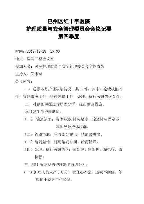 护理质量与安全管理委员会会议记要 第四季度