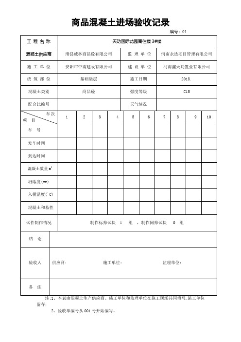 商品混凝土进场验收记录