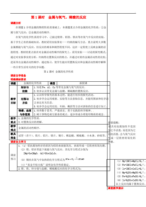 2020九年级化学下册 第六章 金属 6.2.1 金属与氧气、稀酸的反应导学案 (新版)粤教版