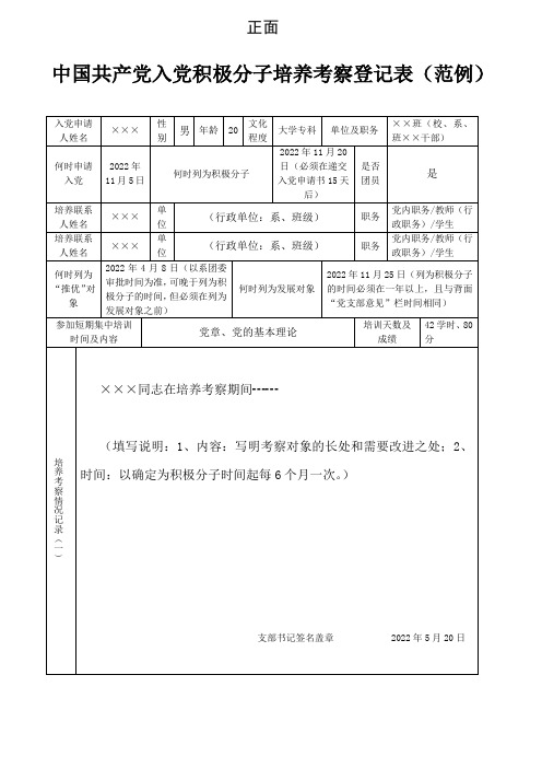 中国共产党入党积极分子培养考察登记表(填写范例)