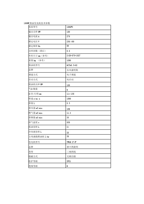 150KW柴油发电机技术参数