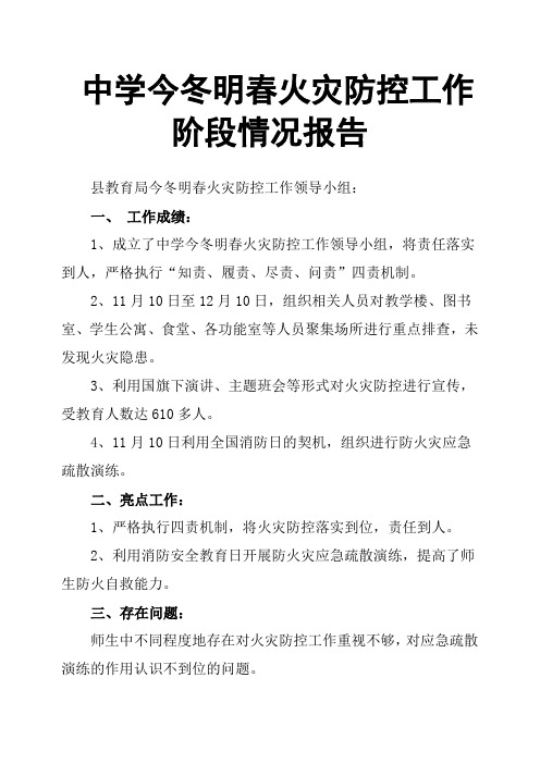 中学今冬明春火灾防控工作阶段情况报告