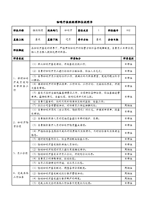 咖啡厅值班经理职位说明书