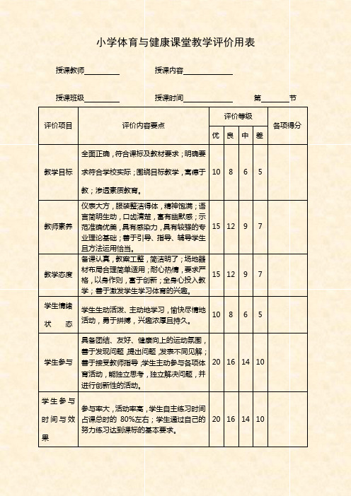 小学体育与健康课堂教学评价用表