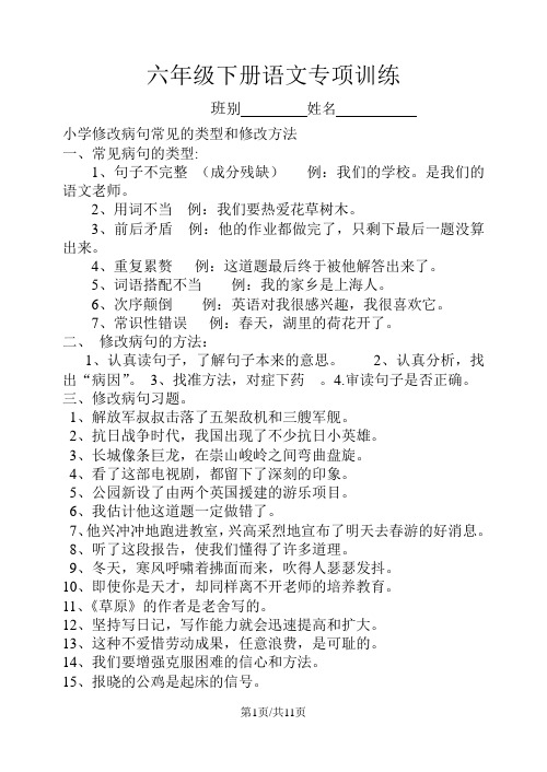 六年级下册语文专项训练修改病句常见的类型和修改方法 全国通用 