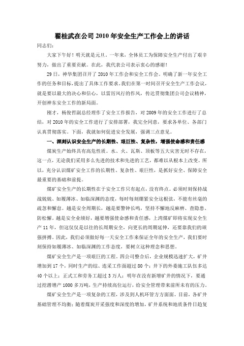 翟桂武在公司2010年安全生产工作会上的讲话