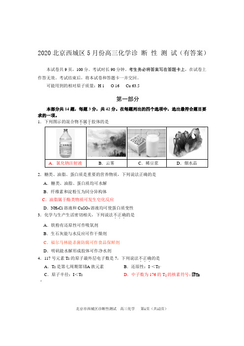 2020北京西城区5月份高三化学诊 断 性 测 试(有答案)