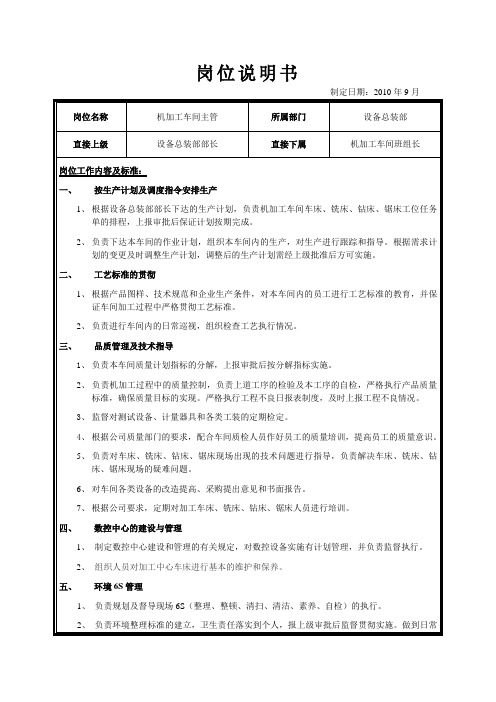 机加工车间主管岗位说明书