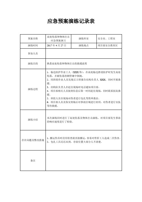 高处坠落和物体打击应急预案演练记录表