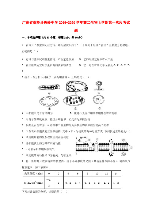 广东省蕉岭县蕉岭中学2019_2020学年高二生物上学期第一次段考试题