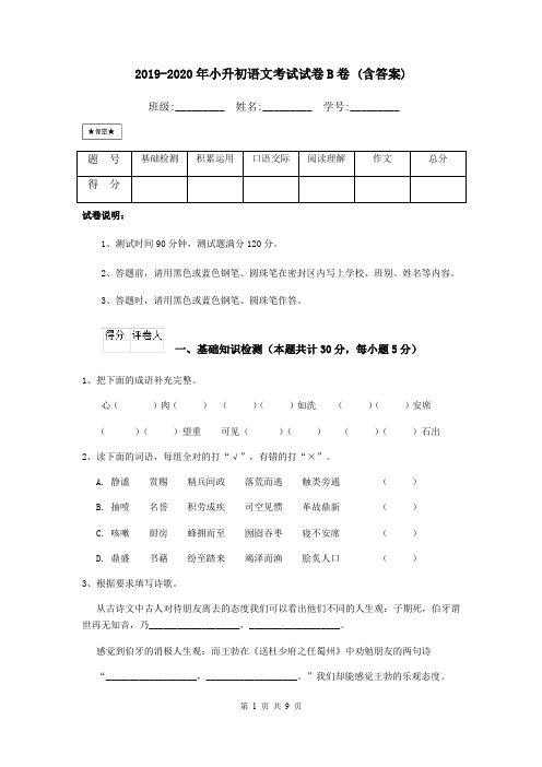 2019-2020年小升初语文考试试卷B卷 (含答案)