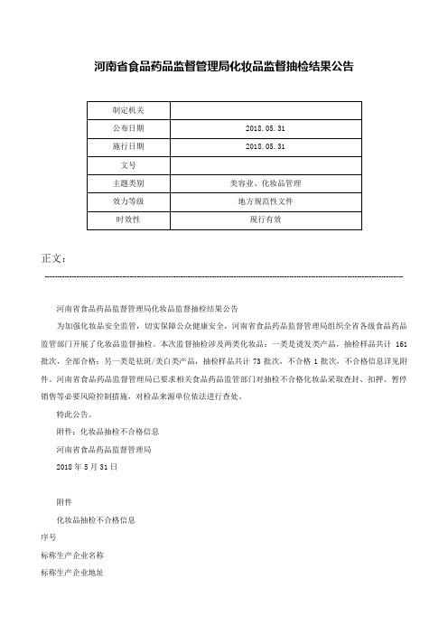 河南省食品药品监督管理局化妆品监督抽检结果公告-