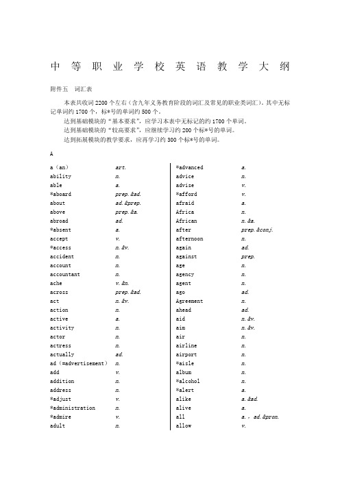 中等职业学校英语教学大纲五词汇表