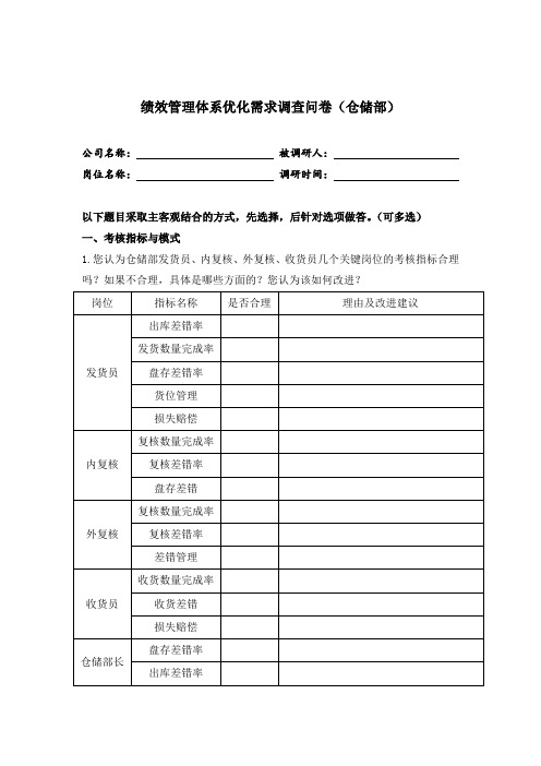 仓储部绩效优化调查问卷