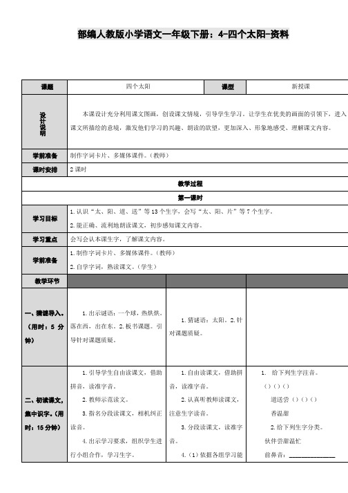 部编人教版小学语文一年级下册：4-四个太阳-资料