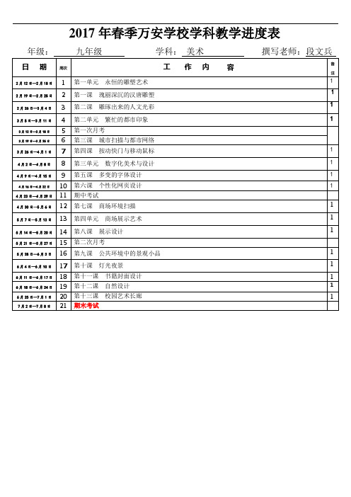 2017年春季万安学校学科教学进度表(九年级美术下册) - 段文兵