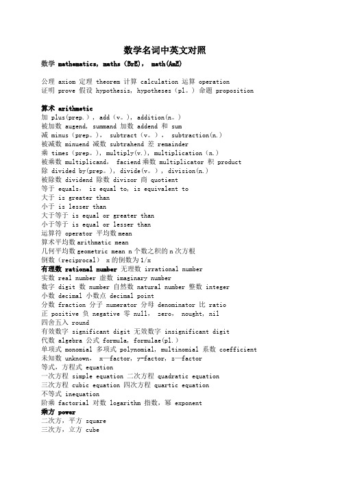 数学名词中英文对照(初中)