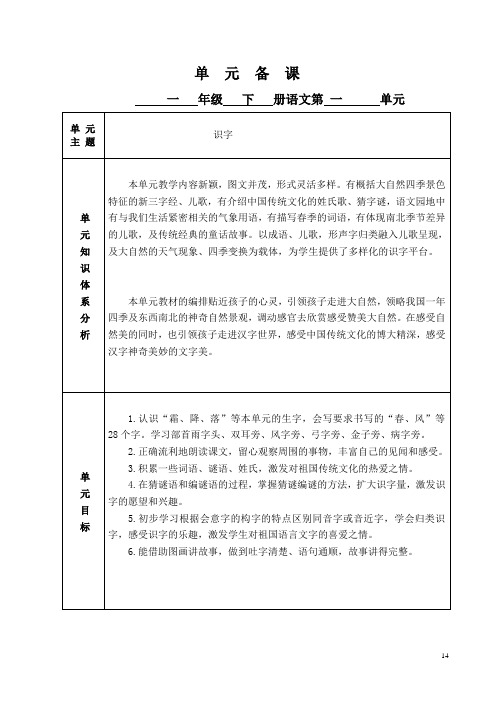 部编版语文一年级下册第一单元备课