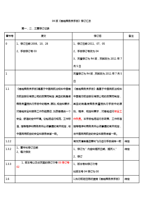 《客舱乘务员手册》修订汇总