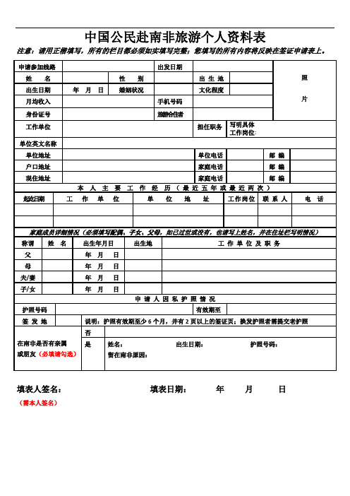 南非签证中文表格