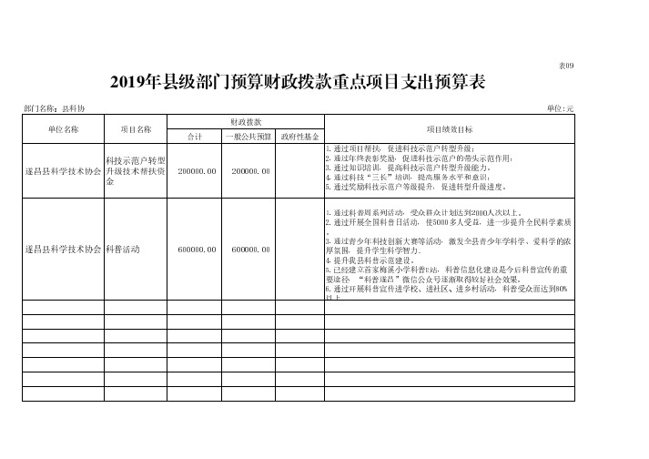 2019年县级部门预算财政拨款重点项目支出预算表