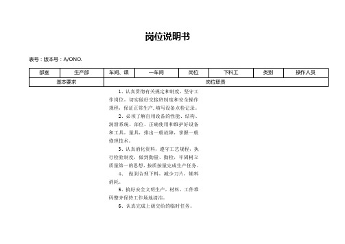 大型摩配企业下料工岗位说明书