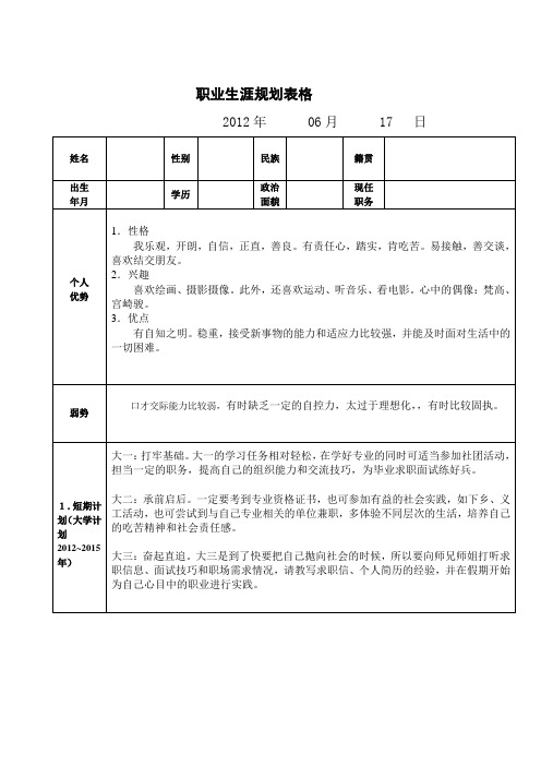 影视动画专业职业生涯规划表