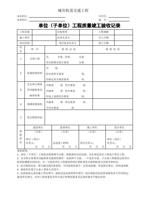 城市轨道交通工程单位(子单位)工程质量竣工验收记录