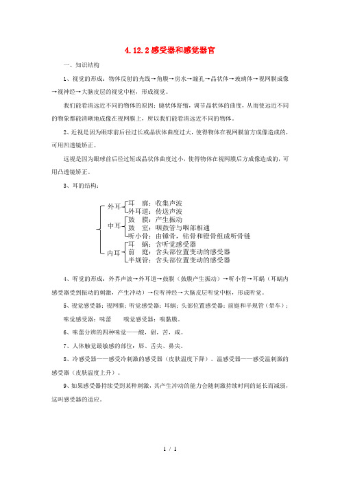 七年级生物下册4.12.2感受器和感觉器官知识梳理新版北师大版