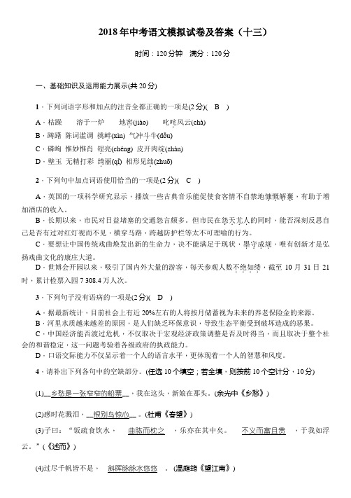 2018年中考语文模拟试卷及答案(十三)