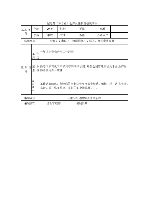 储运部(各专业)仓库员任职资格说明书