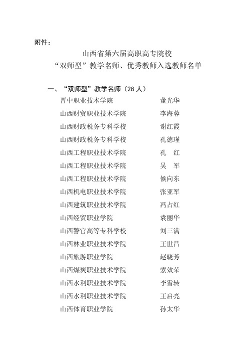 山西省第六届高职高专院校“双师型”教学名师、优秀教师入选教师名单