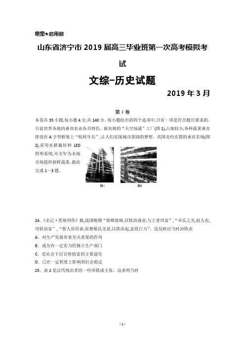 2019年3月山东省济宁市2019届高三一模考试历史试题及答案