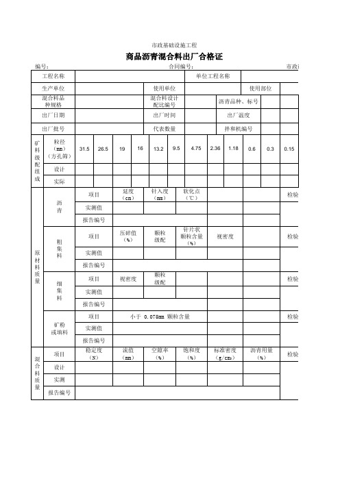 商品沥青混合料出厂合格证