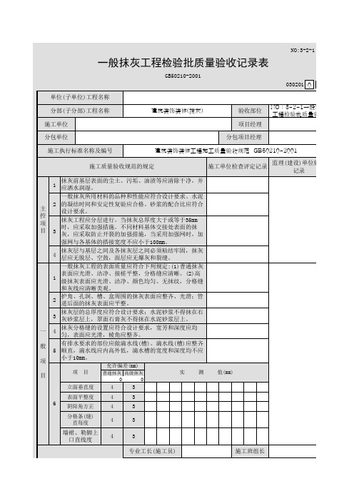 NO：3-2-1一般抹灰工程检验批质量验收记录表030201