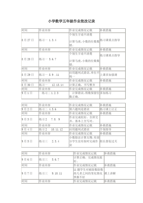 小学数学五年级作业批改记录