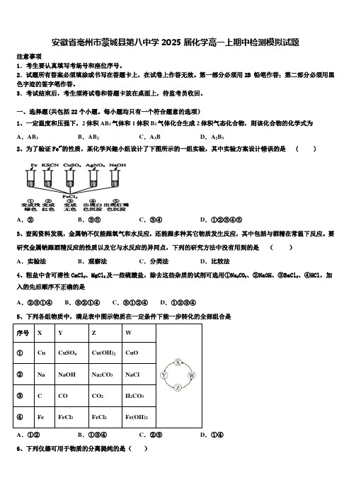 安徽省亳州市蒙城县第八中学2025届化学高一上期中检测模拟试题含解析