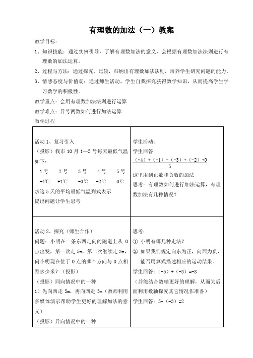 数学人教版七年级上册有理数的加法(1)教案及导学案