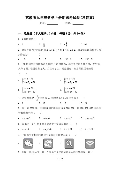 苏教版九年级数学上册期末考试卷(及答案)