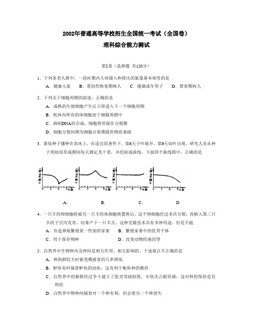 2002年普通高等学校招生全国统一考试全国卷理综