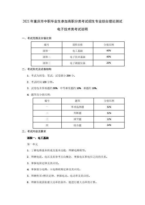 2021 年重庆市中职毕业生参加高职分类考试招生专业综合理论测试电子技术类考试说明