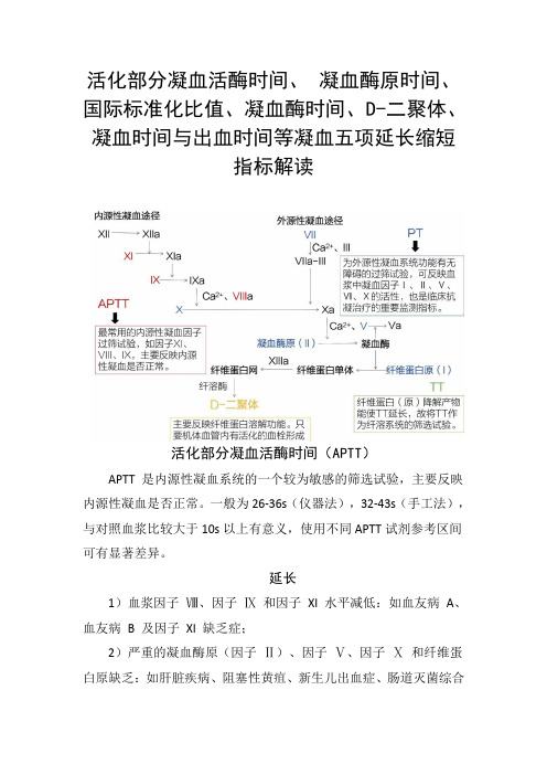 活化部分凝血活酶、 凝血酶原、国际标准化比值、凝血酶、D-二聚体、 凝血出血时间凝血五项延长缩短指标