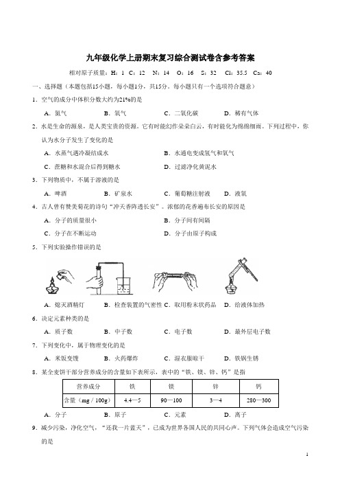 九年级化学上册期末复习综合测试卷含参考答案