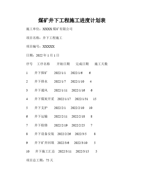 煤矿井下工程施工进度计划表