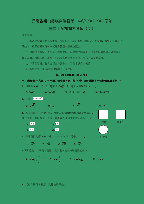 数学---云南省峨山彝族自治县第一中学2017-2018学年高二上学期期末考试(文)