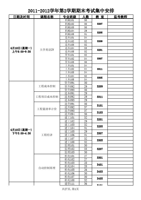 青岛理工大学临沂校区2011-2012学年第2学期期末考试集中安排