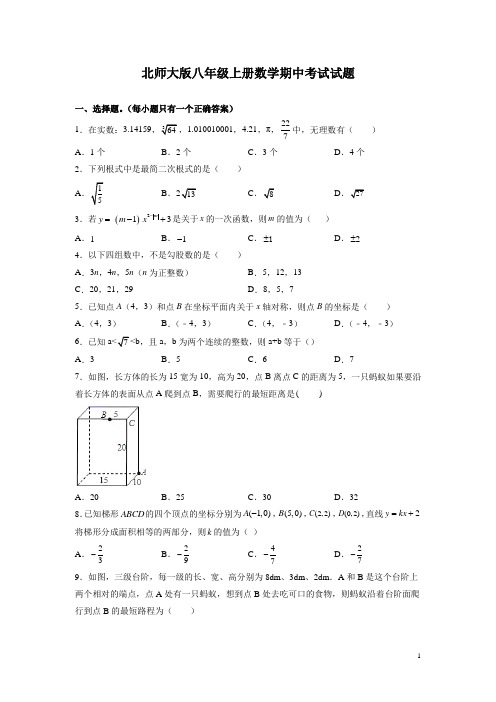 北师大版八年级上册数学期中考试试卷附答案