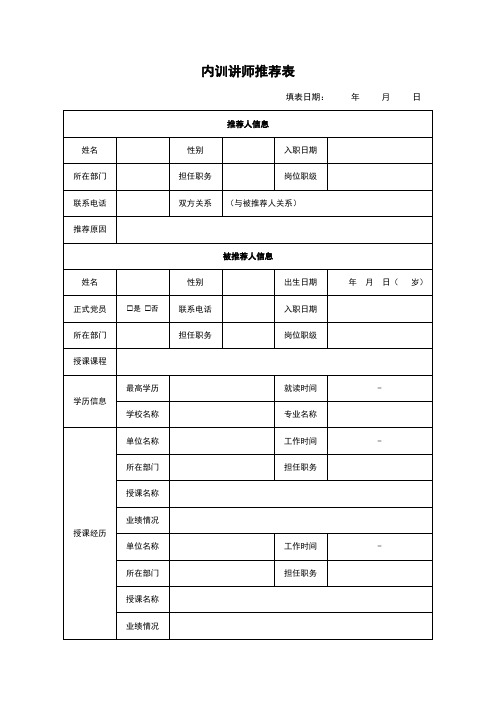 内训讲师推荐表模板