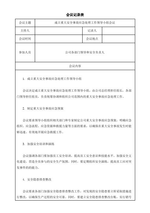 企业安全生产成立重大安全事故应急处理工作领导小组会议记录表纪要模板(可修改)